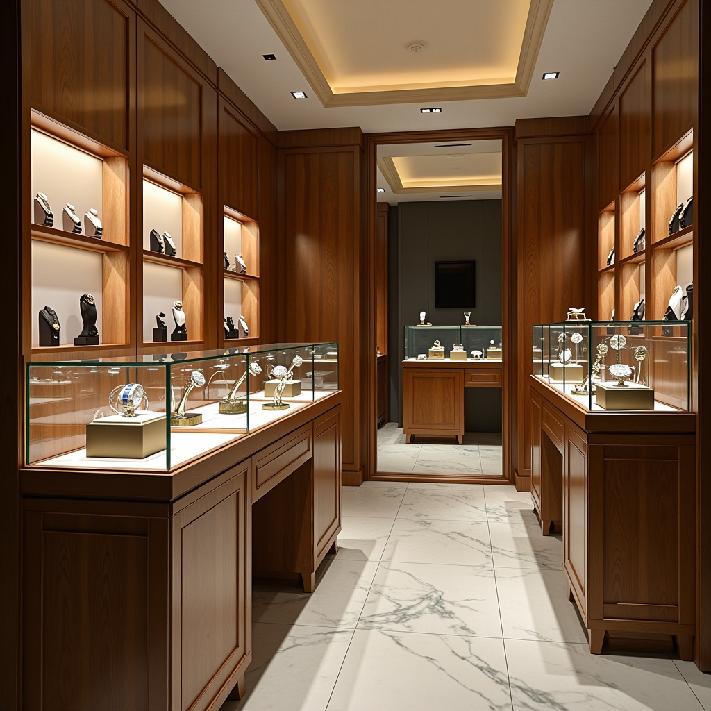 Elegante interno della boutique EleganzaTime a Firenze, con espositori in legno pregiato, illuminazione soffusa e orologi di lusso esposti in vetrine di cristallo, atmosfera raffinata con dettagli in oro champagne