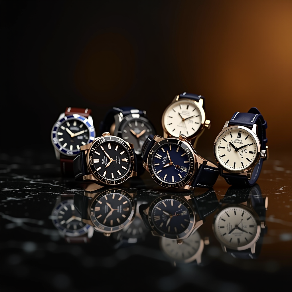 Collezione esclusiva di orologi di lusso italiani esposti su superficie in marmo scuro con illuminazione soffusa e riflessi dorati
