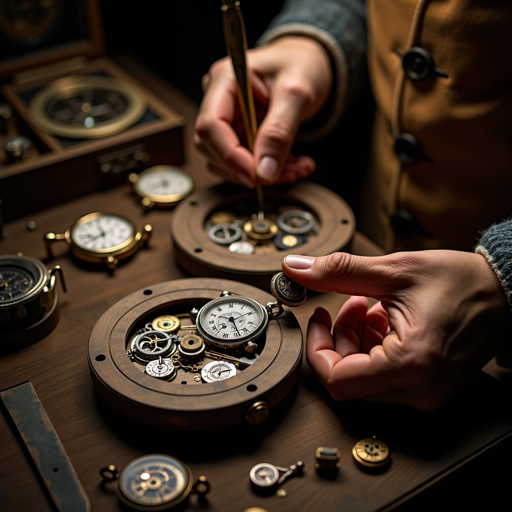 Historic Italian watchmaking workshop from Renaissance era showing traditional craftsmanship tools, antique timepieces, and artisan hands working on intricate mechanical movements in warm ambient lighting