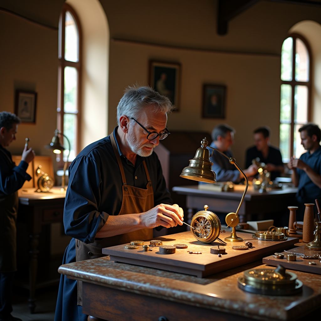 Antico laboratorio orologiero rinascimentale italiano con maestri artigiani al lavoro su meccanismi di precisione, illuminato da luce naturale che filtra attraverso ampie finestre ad arco, con strumenti tradizionali in ottone e legni pregiati disposti su banchi da lavoro in marmo