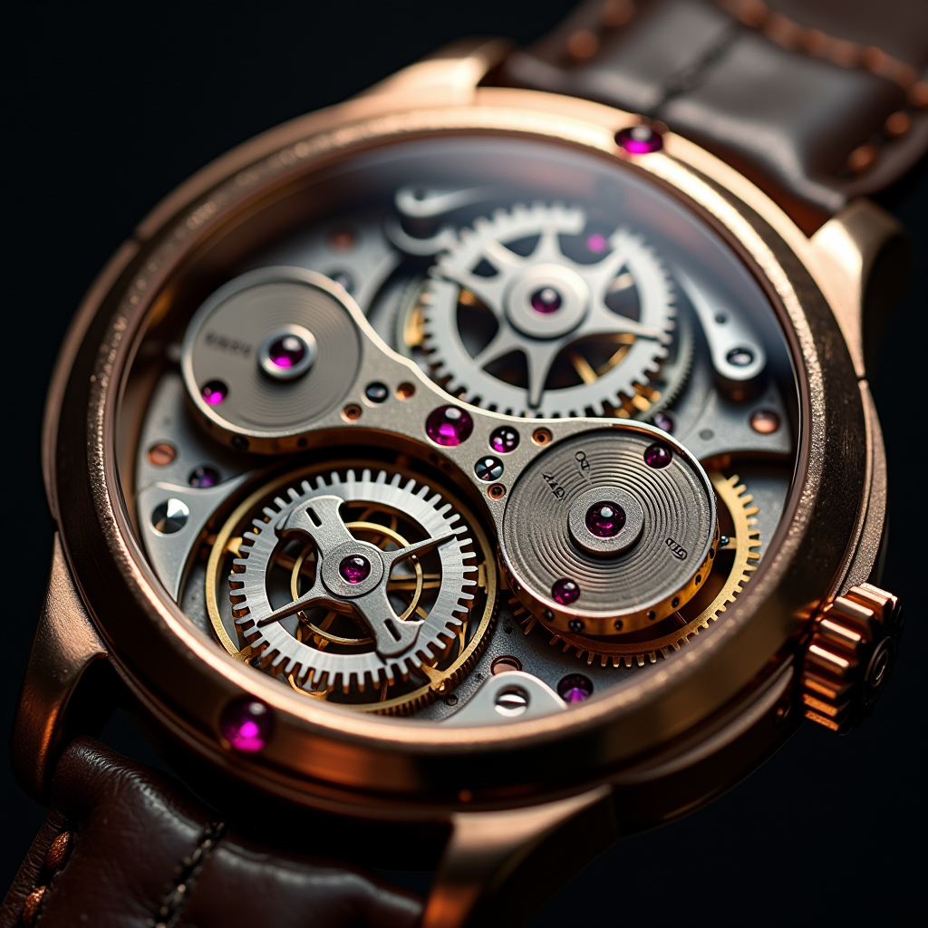 Primo piano dettagliato di un movimento meccanico di orologio di lusso che mostra ingranaggi intricati, ponti e rubini con illuminazione calda che evidenzia l'artigianalità e l'ingegneria di precisione