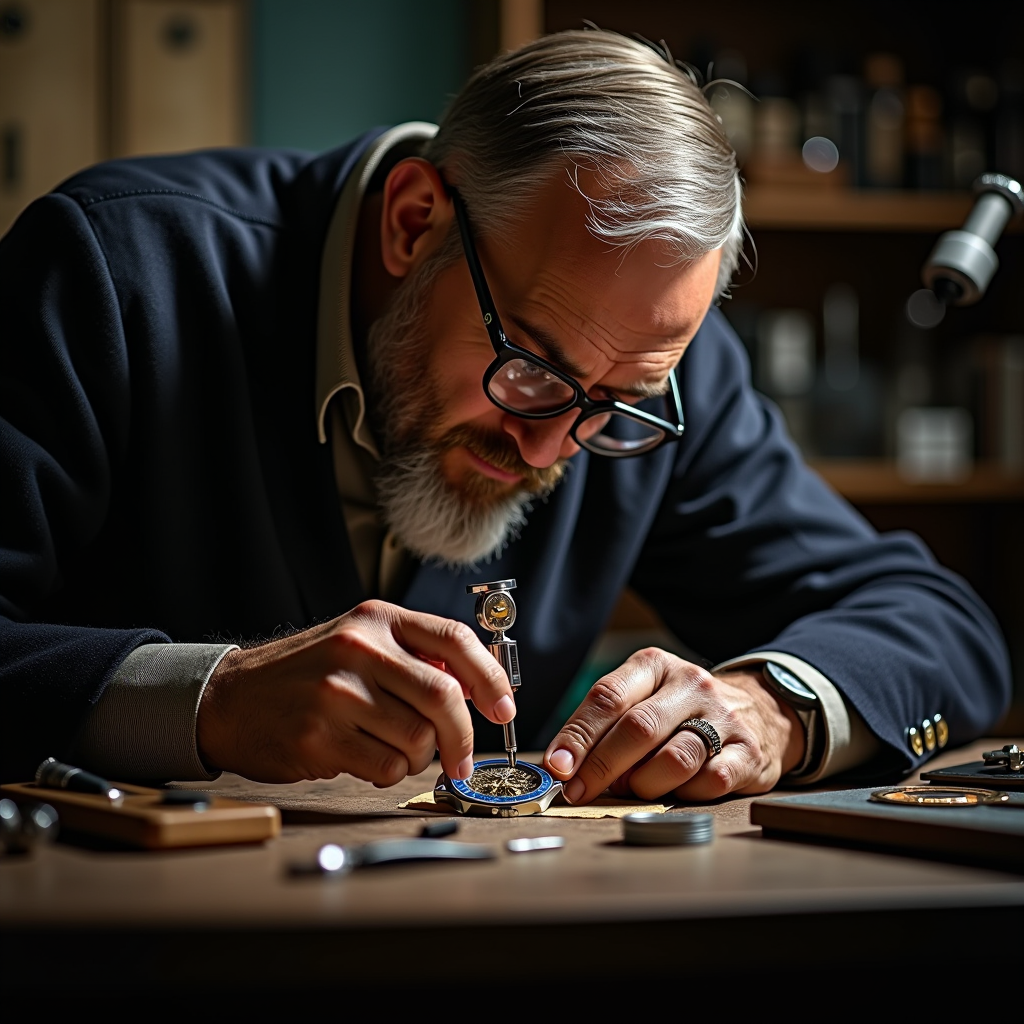 Maestro orologiaio italiano che lavora meticolosamente su un movimento meccanico di alta orologeria, con lente di ingrandimento professionale, circondato da strumenti di precisione in un atelier tradizionale illuminato da luce naturale