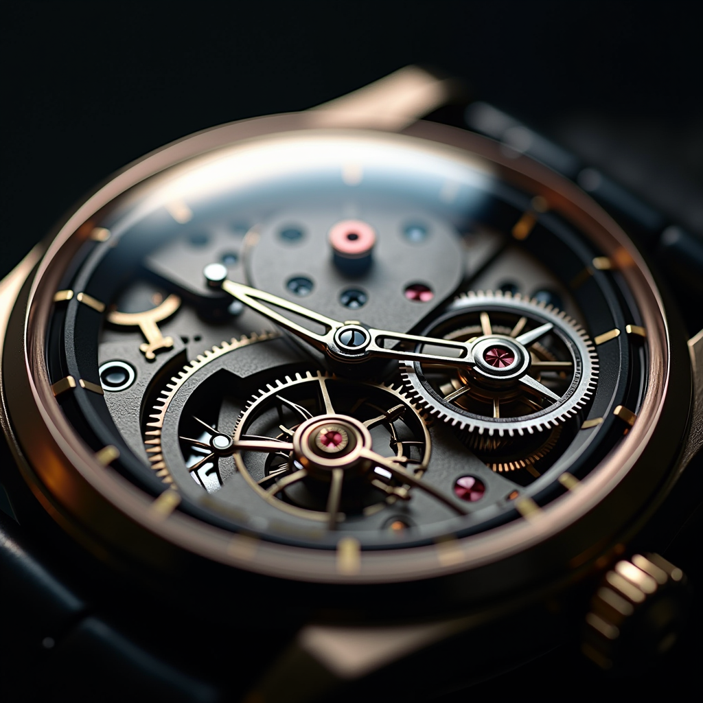 Fotografia macro dettagliata del movimento di un orologio di lusso che mostra ingranaggi intricati, ponti e complicazioni con illuminazione drammatica che evidenzia la precisione meccanica e l'artigianato dell'alta orologeria
