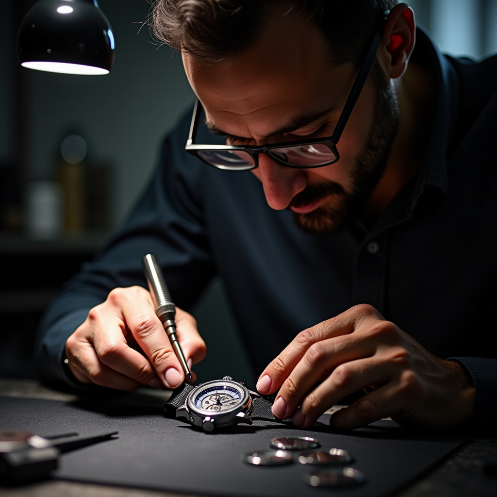 Maestro orologiaio italiano che esegue una manutenzione di precisione su un orologio di lusso con strumenti specializzati, ambiente di laboratorio professionale con illuminazione soffusa