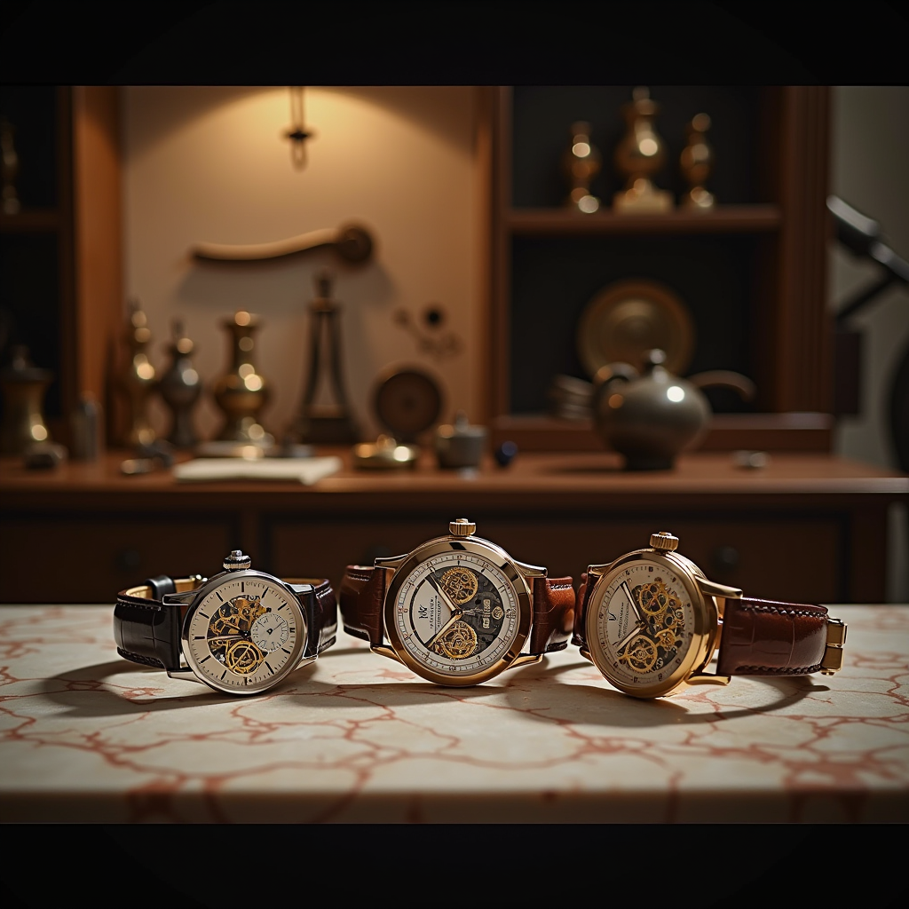 Elegant Italian workshop showcasing Renaissance-era watchmaking tools and modern mechanical timepieces on polished marble surface with warm ambient lighting highlighting intricate gears and traditional craftsmanship techniques