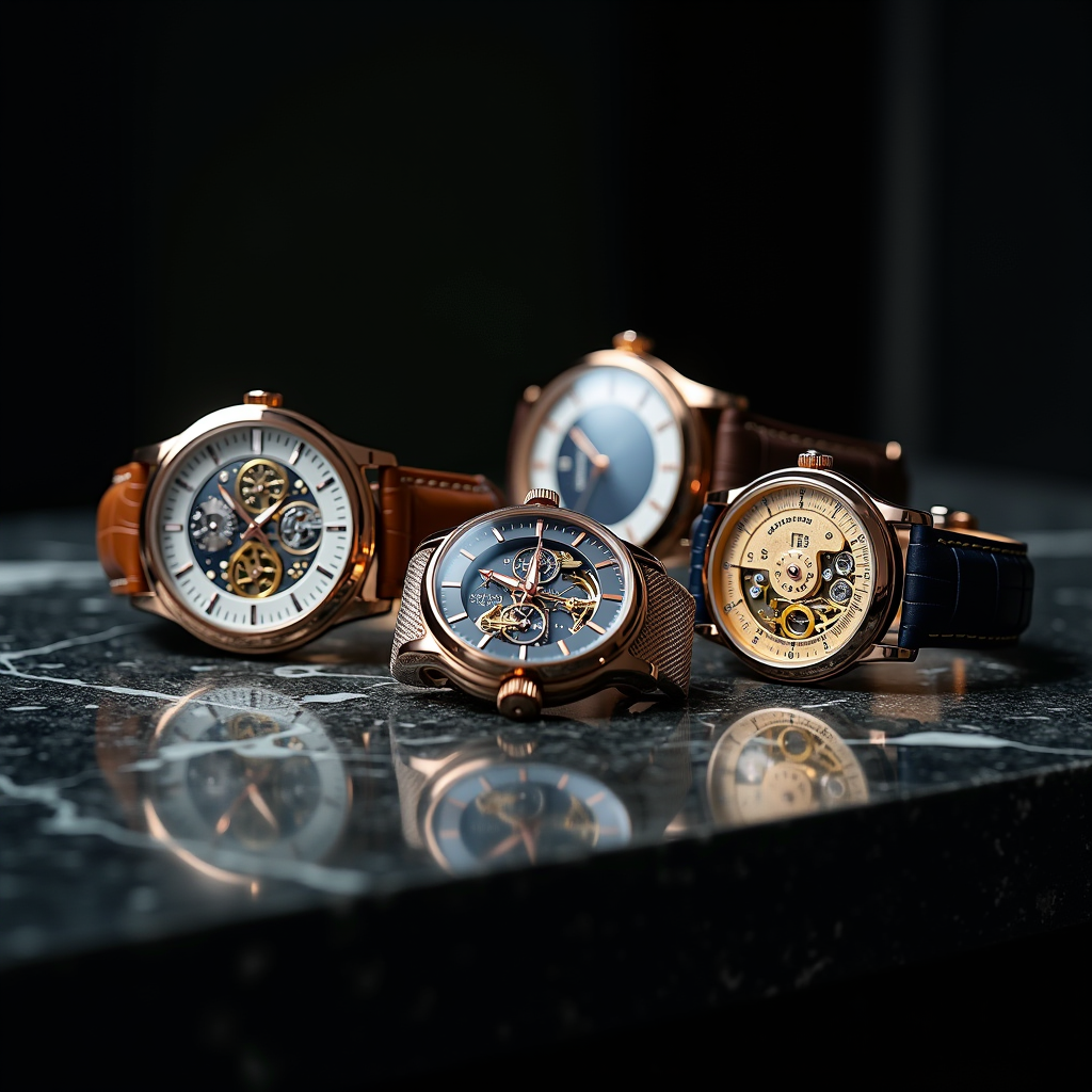 Elegant display of various luxury watch movements, cases, and materials arranged on dark marble surface with soft lighting highlighting mechanical details and craftsmanship quality indicators