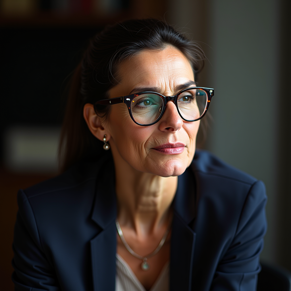 Sofia Bianchi, esperta orologiera senior, donna elegante di circa 40 anni con capelli scuri raccolti, occhiali raffinati, espressione concentrata e professionale