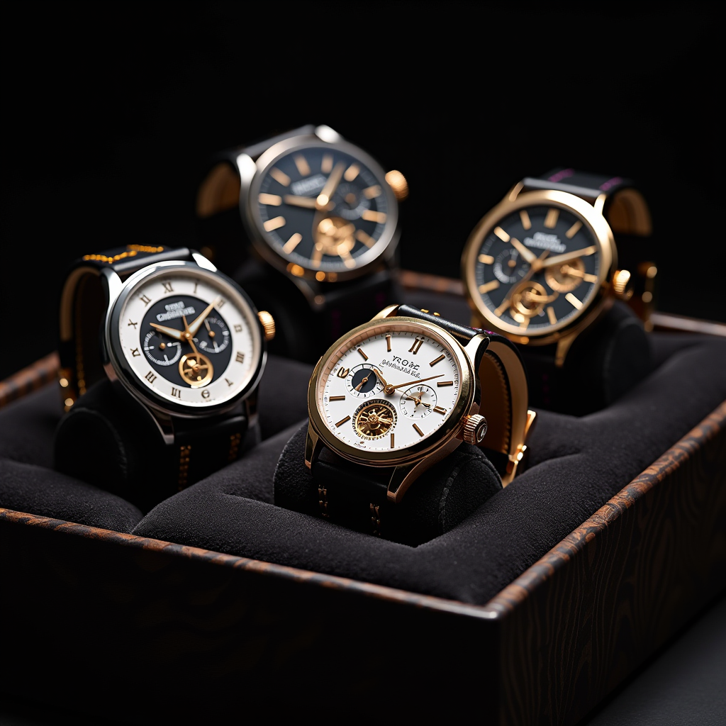 Luxury watch collection displayed on dark velvet with detailed close-up of mechanical movement, various case materials including steel and gold, complications visible through sapphire crystal, professional lighting highlighting craftsmanship details