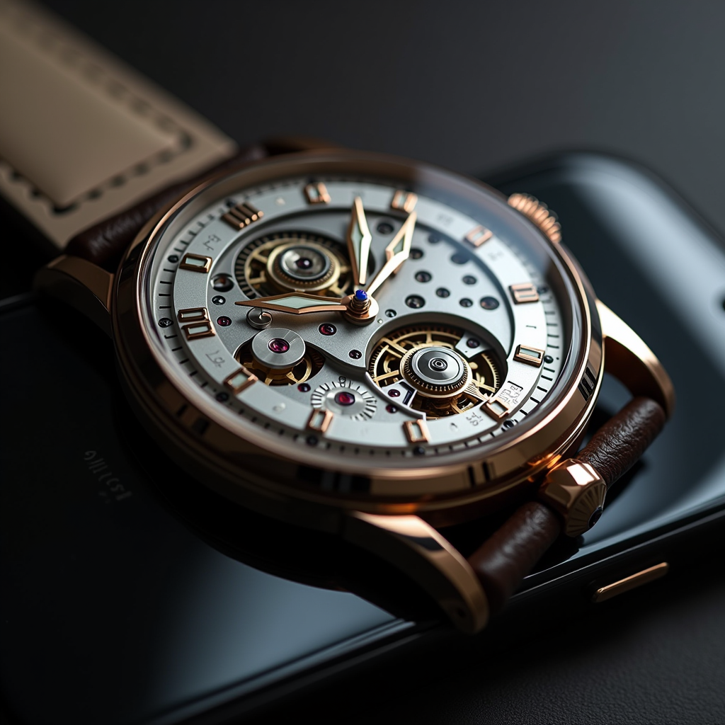 Close-up of intricate mechanical watch movement with visible gears, jewels, and balance wheel in motion, contrasted with modern smartphone in blurred background, emphasizing timeless craftsmanship versus digital technology