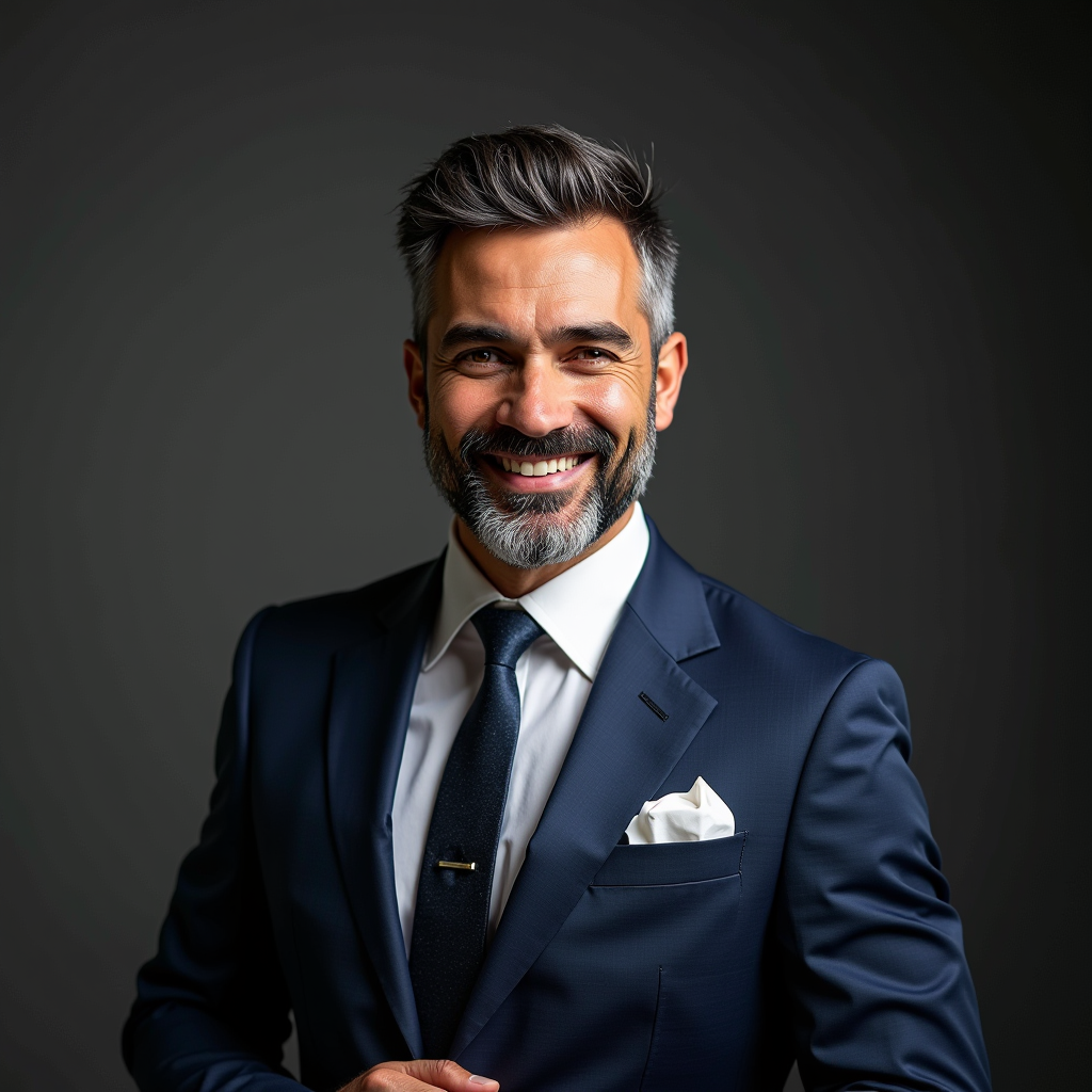 Lorenzo Rossi, consulente di vendita luxury, uomo elegante di circa 35 anni con barba curata, vestito impeccabile, sorriso accogliente e professionale