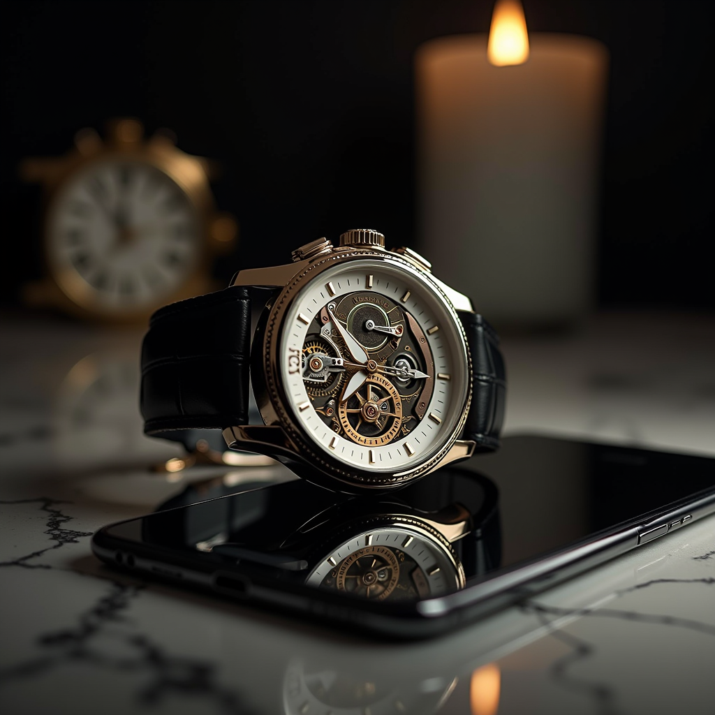 Split composition showing elegant mechanical watch with exposed movement on left and modern smartphone on right, dramatic lighting emphasizing the contrast between traditional horological craftsmanship and digital technology, luxury setting with marble surface