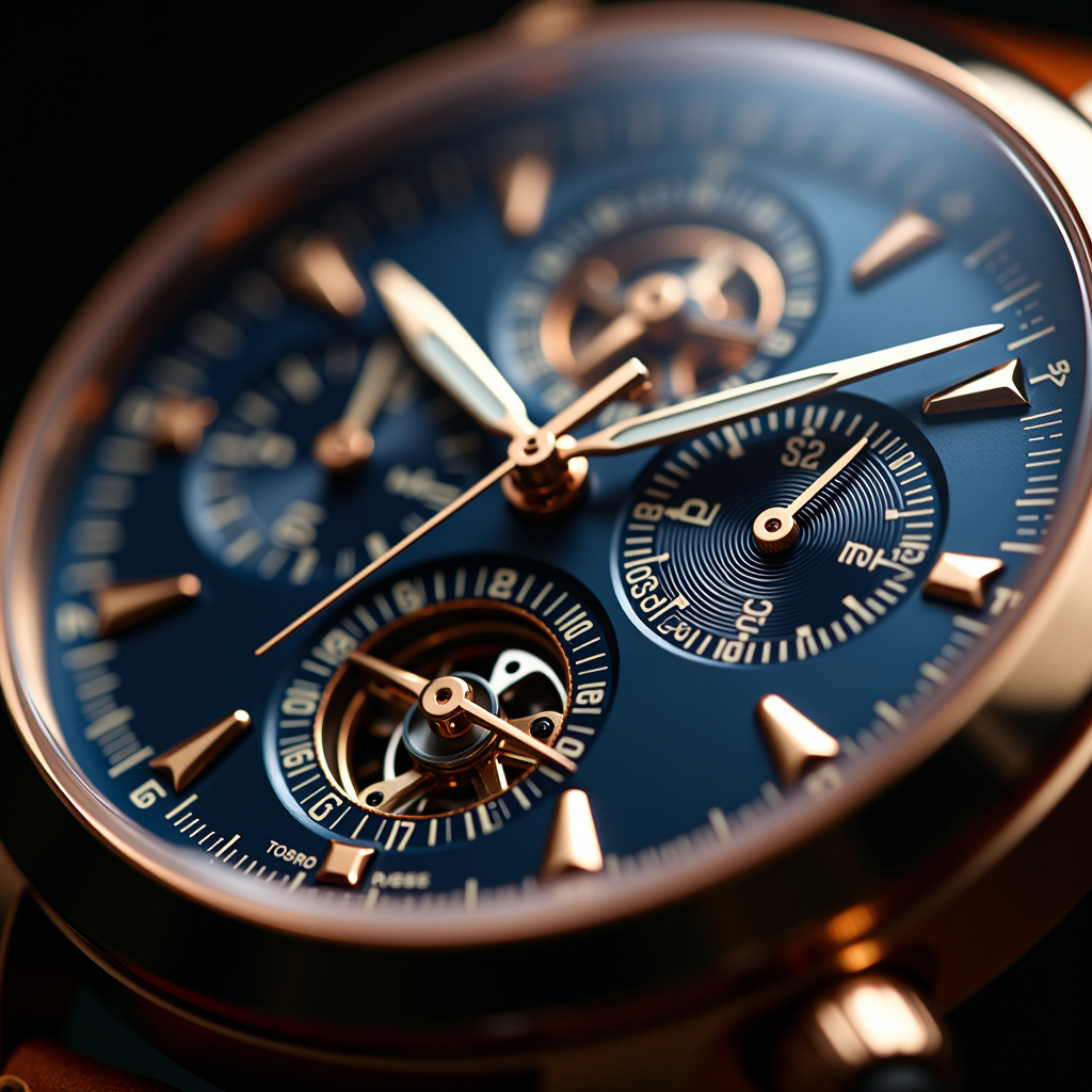 Detailed macro photography of luxury watch dial showing multiple complications including chronograph subdials, moon phase indicator, perpetual calendar, and visible tourbillon mechanism with golden accents and precise markings