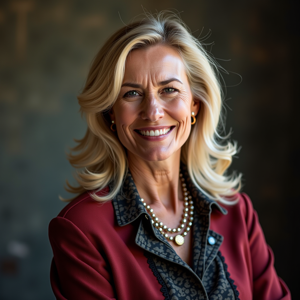 Giulia Ferrari, specialista in collezioni vintage, donna raffinata di circa 45 anni con capelli biondi, abbigliamento elegante classico, espressione esperta e appassionata