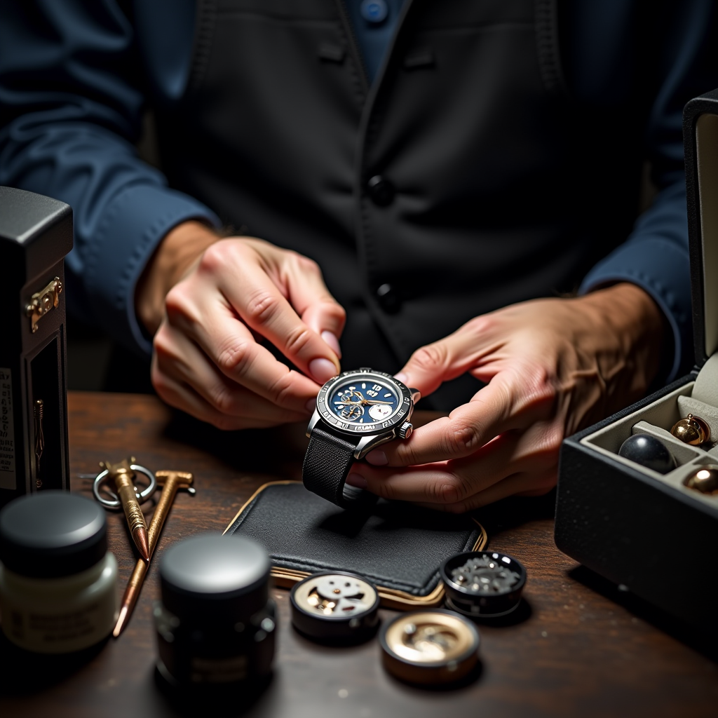 Professional Italian watchmaker's hands carefully servicing luxury timepiece with specialized tools, watch components, cleaning solutions, and elegant storage case on pristine workbench with soft focused lighting