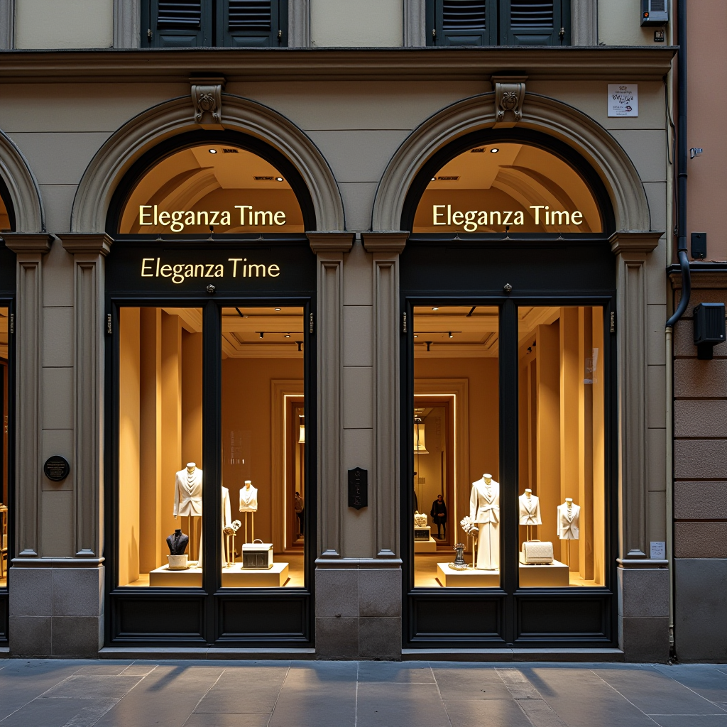 Facciata elegante della boutique EleganzaTime su Via de' Tornabuoni a Firenze, architettura rinascimentale italiana, vetrine sofisticate con illuminazione dorata, atmosfera lussuosa e raffinata